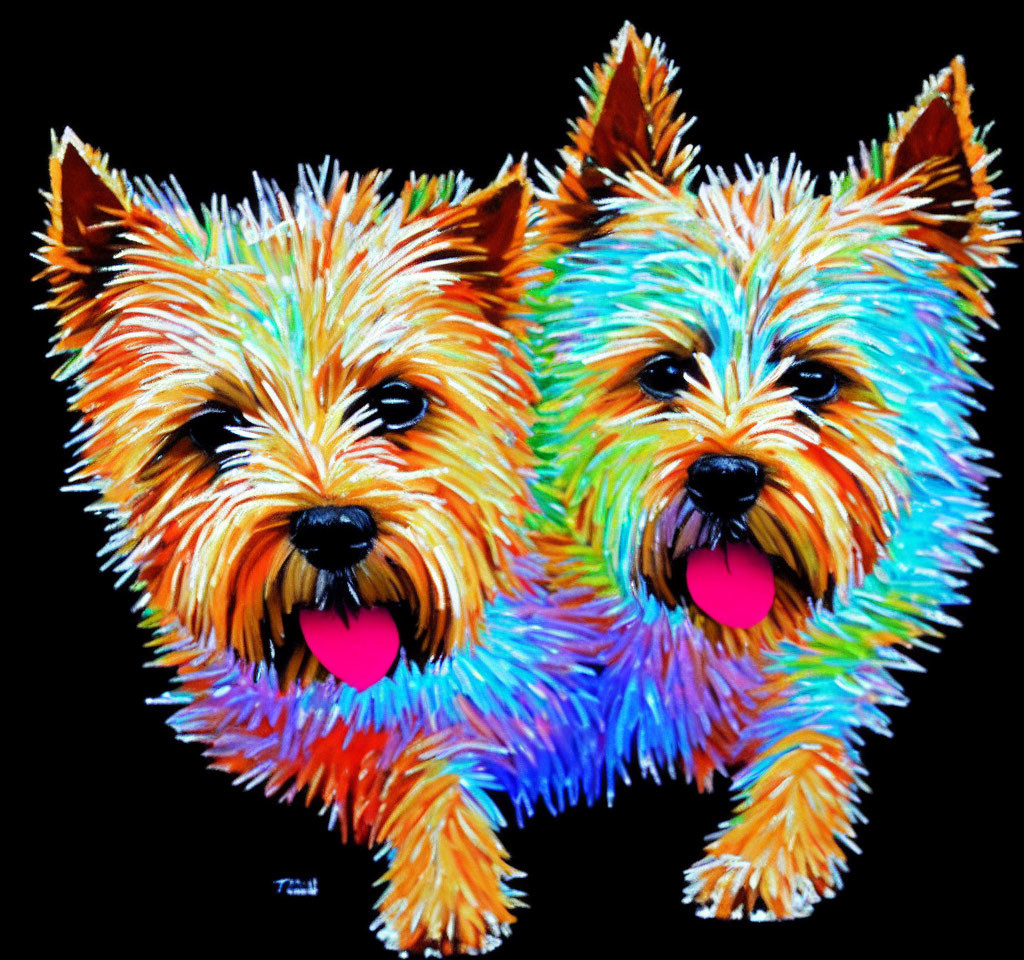 Colorful Artwork: Two Yorkshire Terriers with Brush-Like Fur Textures