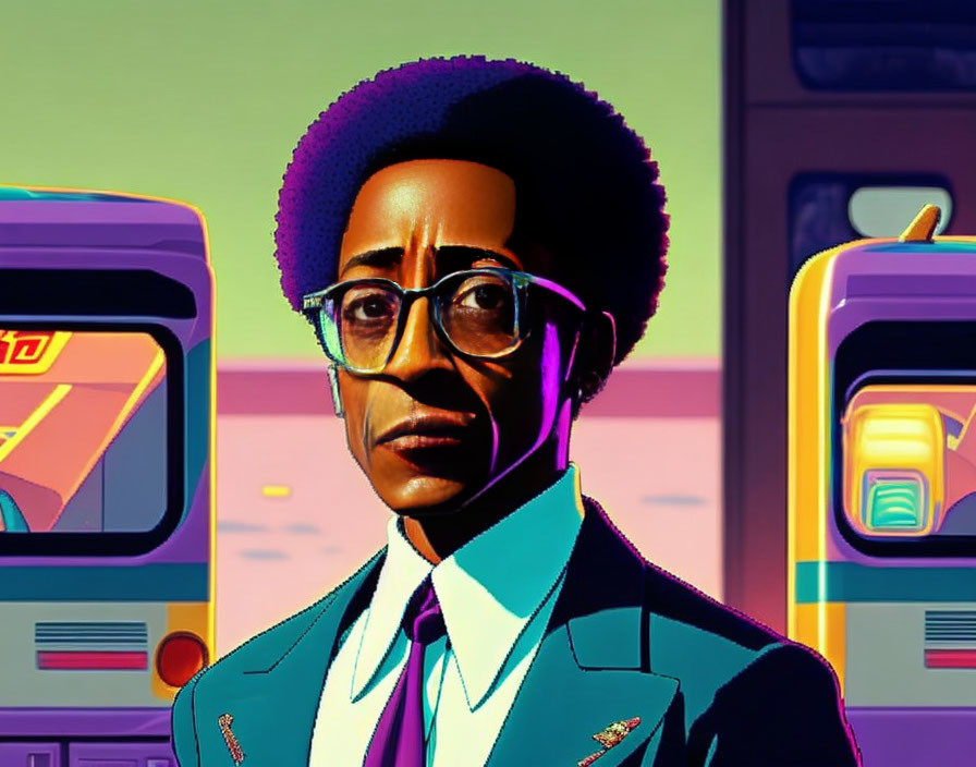 Person with Afro in Blue Suit & Glasses, Retro Buses Background