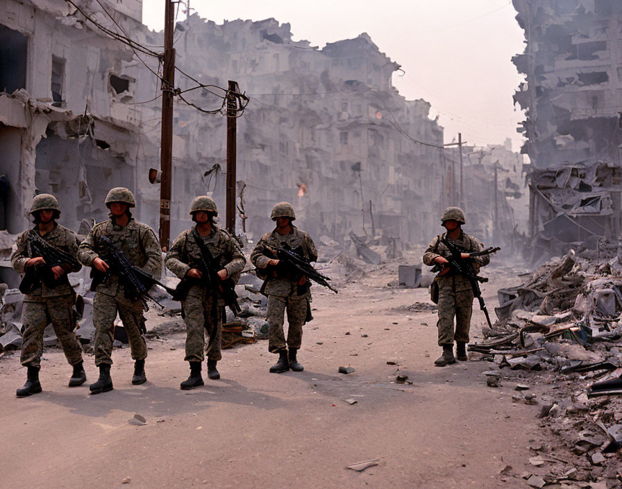 Four soldiers patrolling war-torn street with guns amidst rubble