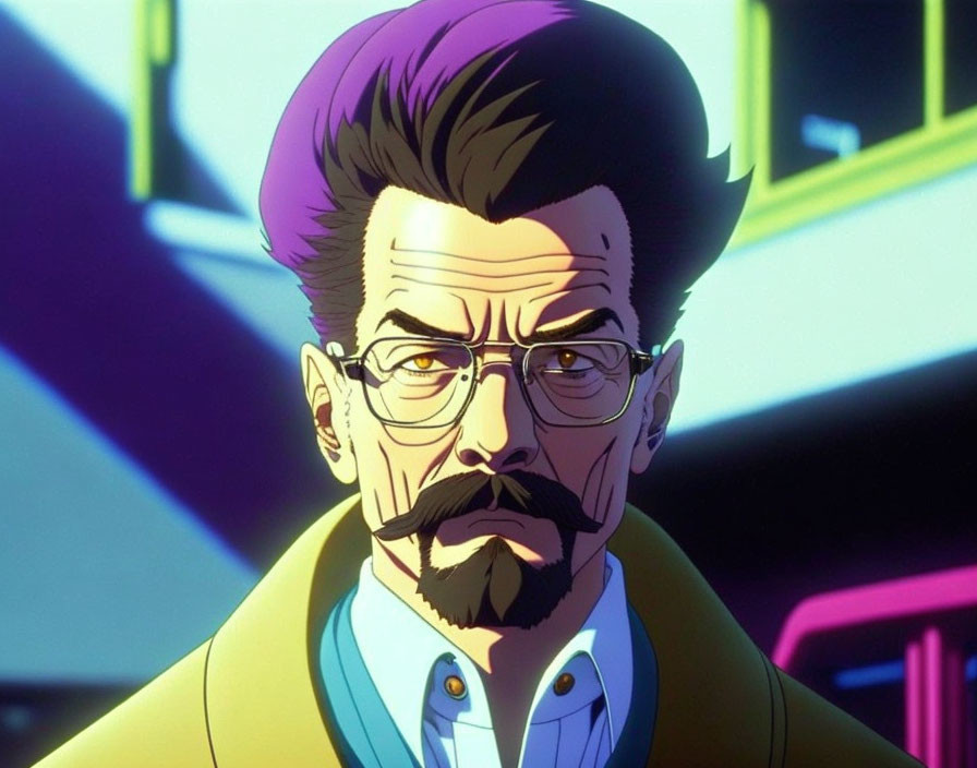 Animated character with glasses, goatee, purple hair, yellow shirt, turquoise jacket