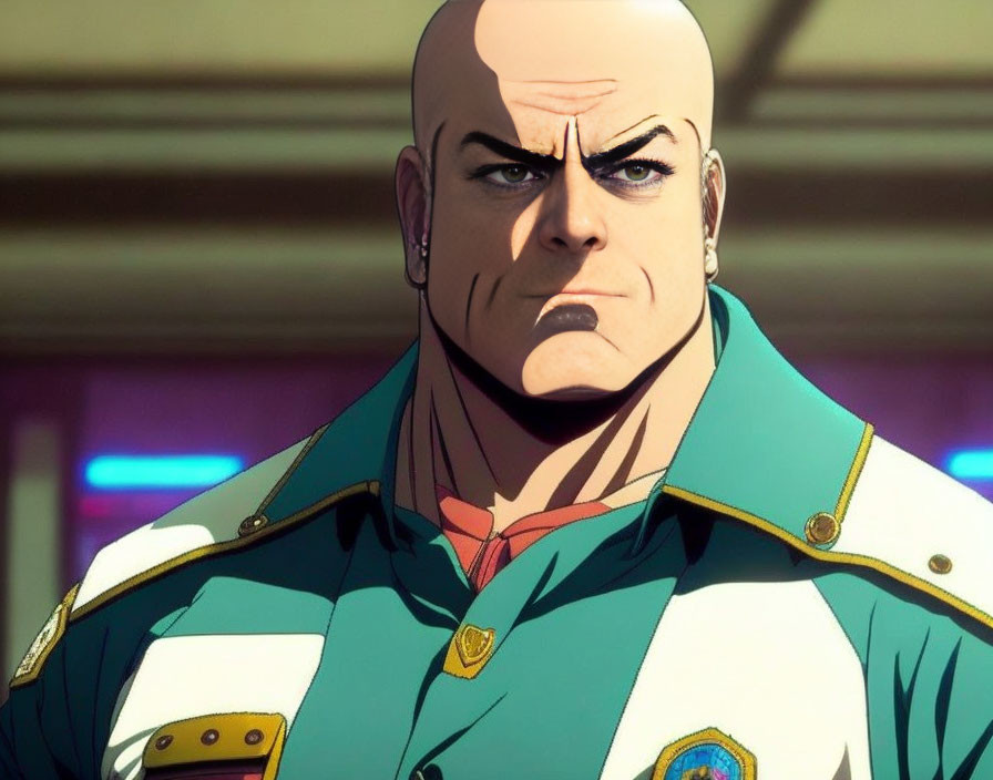 Bald animated character in green military uniform with medals