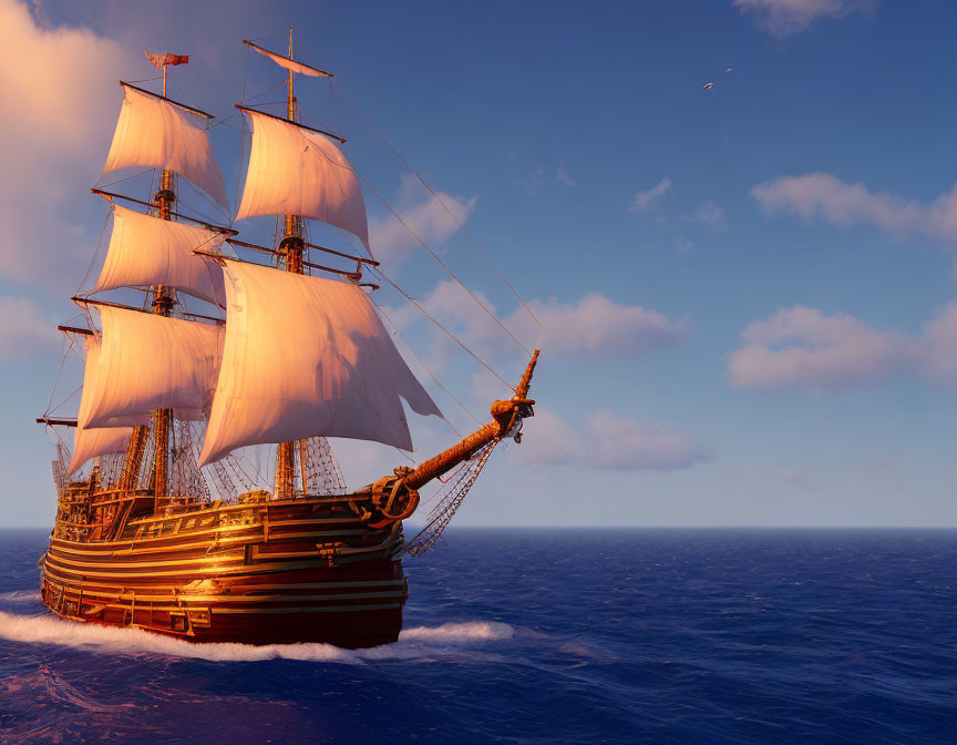 Majestic sailing ship with billowing white sails on tranquil blue ocean
