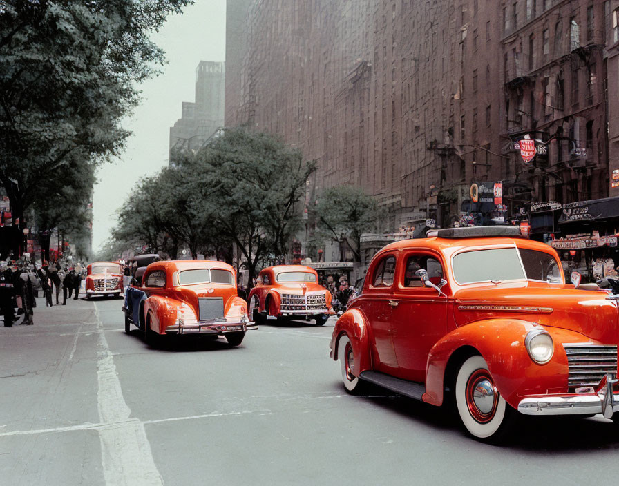 Classic Red Cars in Vintage City Scene