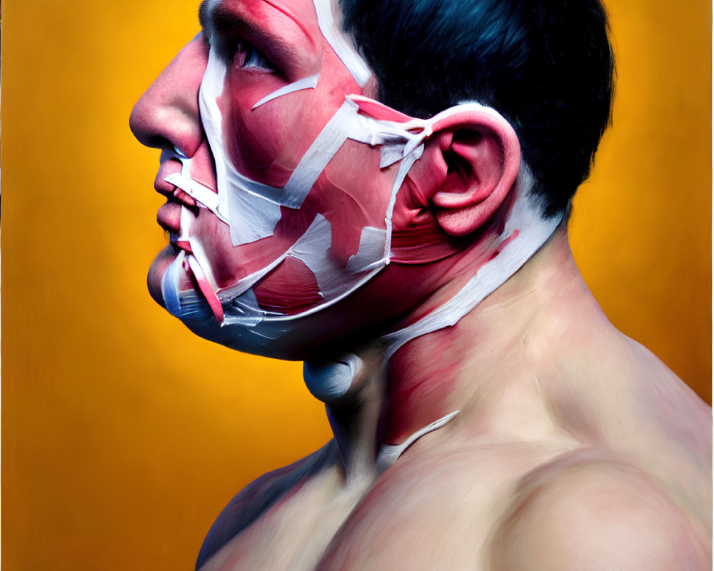 Person with White and Red Face Paint on Yellow Background: Dramatic and Intense Profile