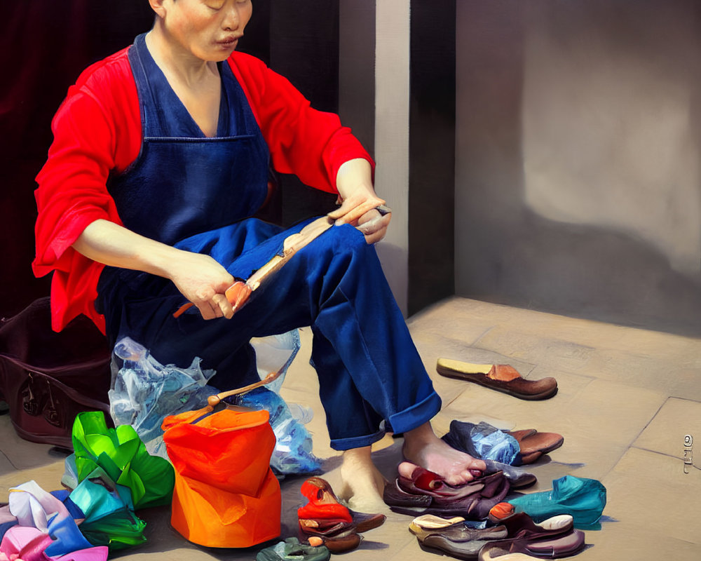 Person fixing sandal surrounded by colorful shoes and bags