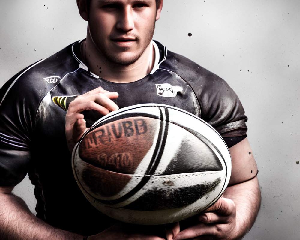 Rugged rugby player in dirty jersey with intense stance against grey background