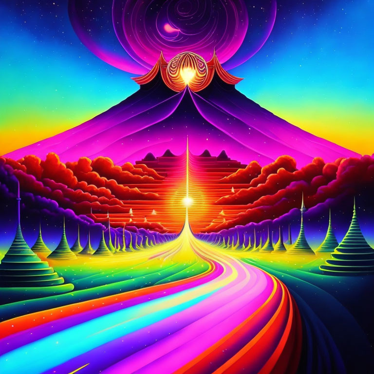 Colorful Mountain Landscape with Psychedelic Elements