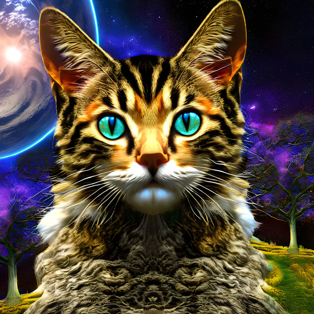 Colorful Cat with Blue Eyes in Cosmic Fantasy Scene