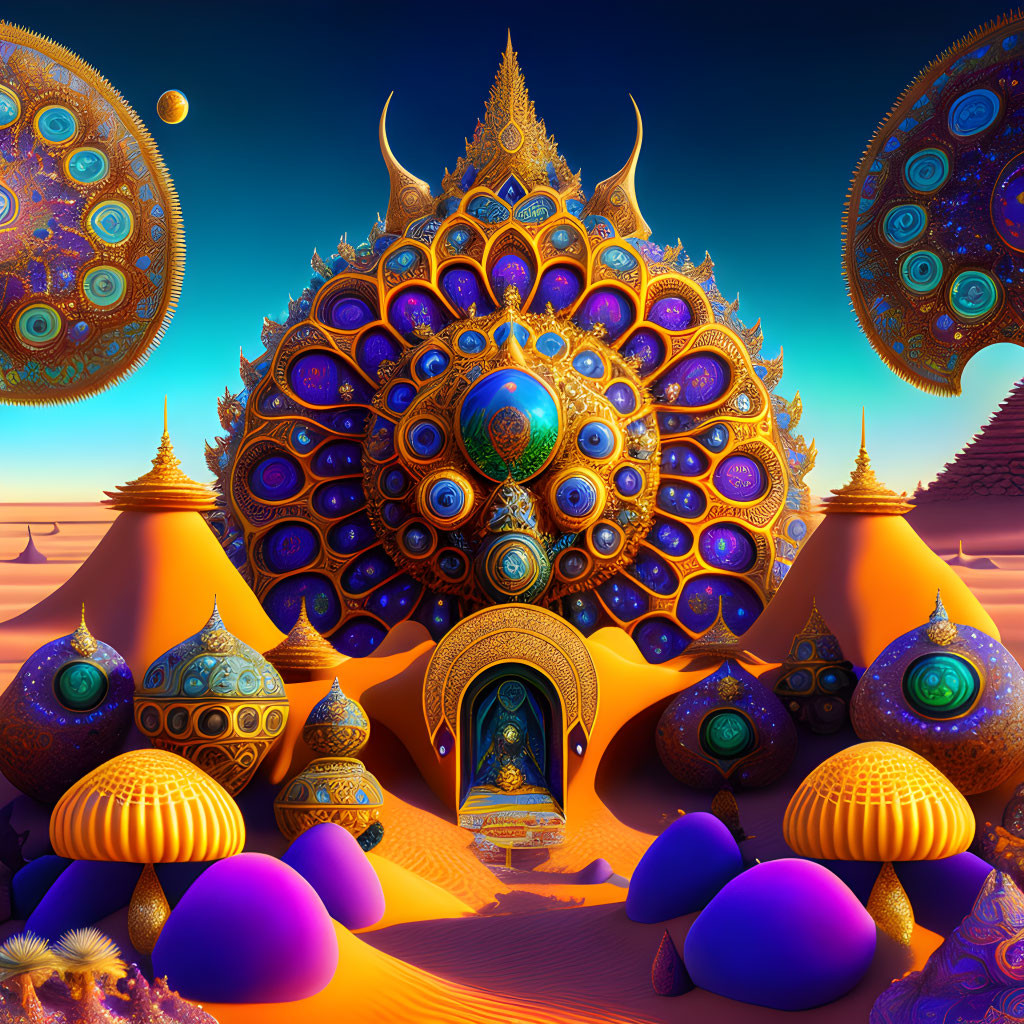 Colorful surreal landscape with fractal structures and peacock feather patterns in desert twilight.