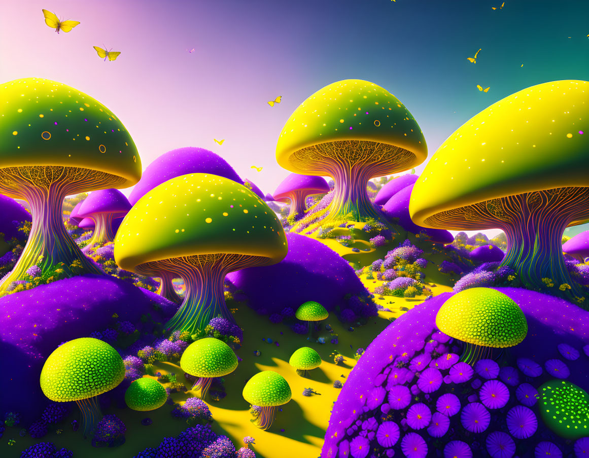 Fantastical Landscape with Oversized Mushroom Structures and Surreal Sky