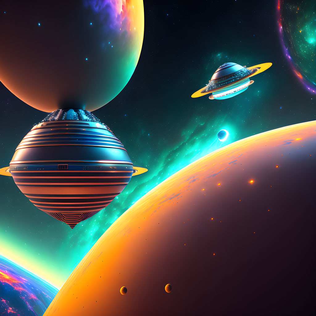 Colorful sci-fi scene: spinning top spaceship, classic UFO, celestial bodies in starry cosmos.