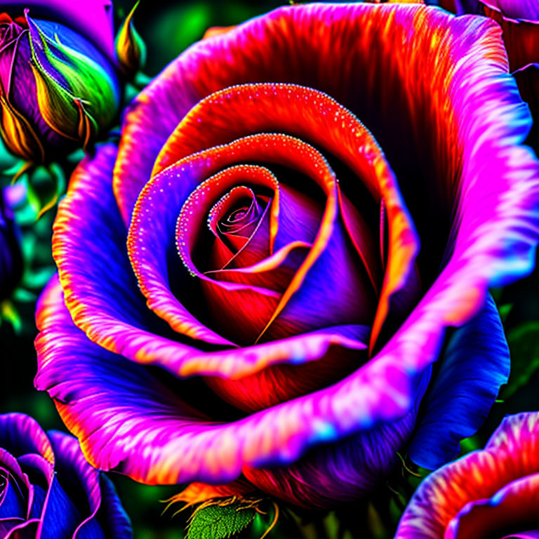 Digitally altered rose with neon pink, blue, and orange hues on multicolored background