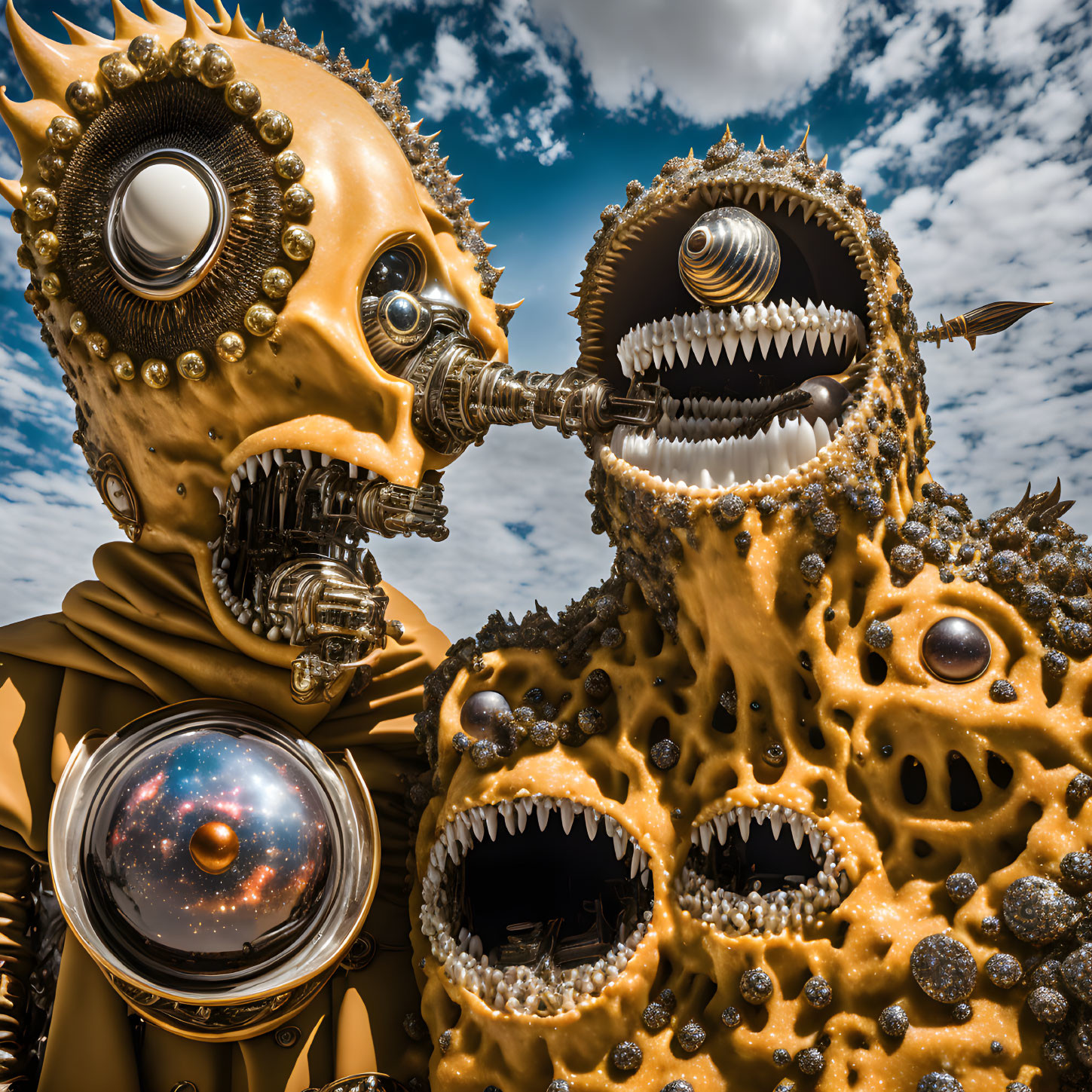 Surreal creatures with mechanical features and sharp teeth in cloudy blue sky