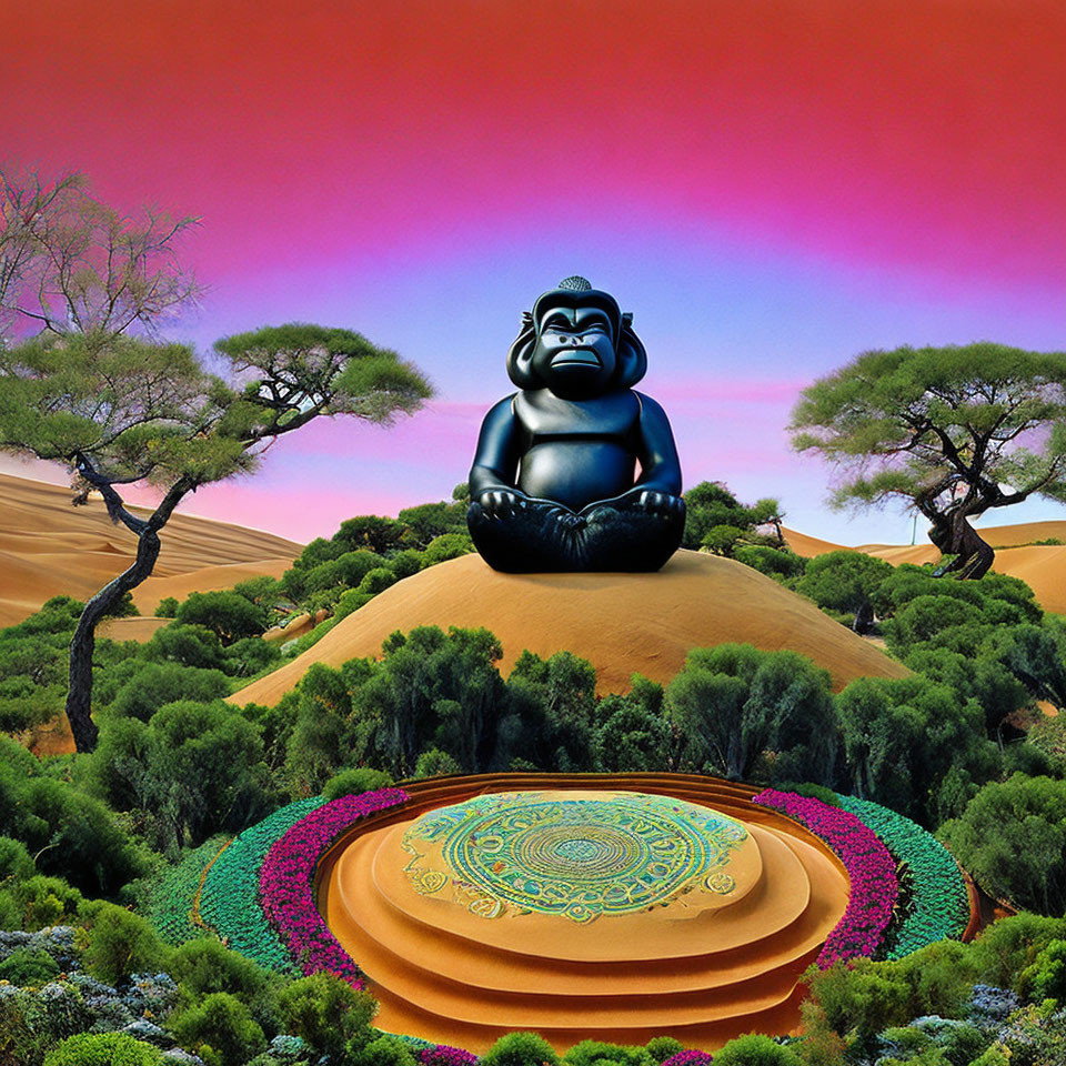 Surreal desert scene: gorilla statue, mandala, floral patterns, pink and blue sky