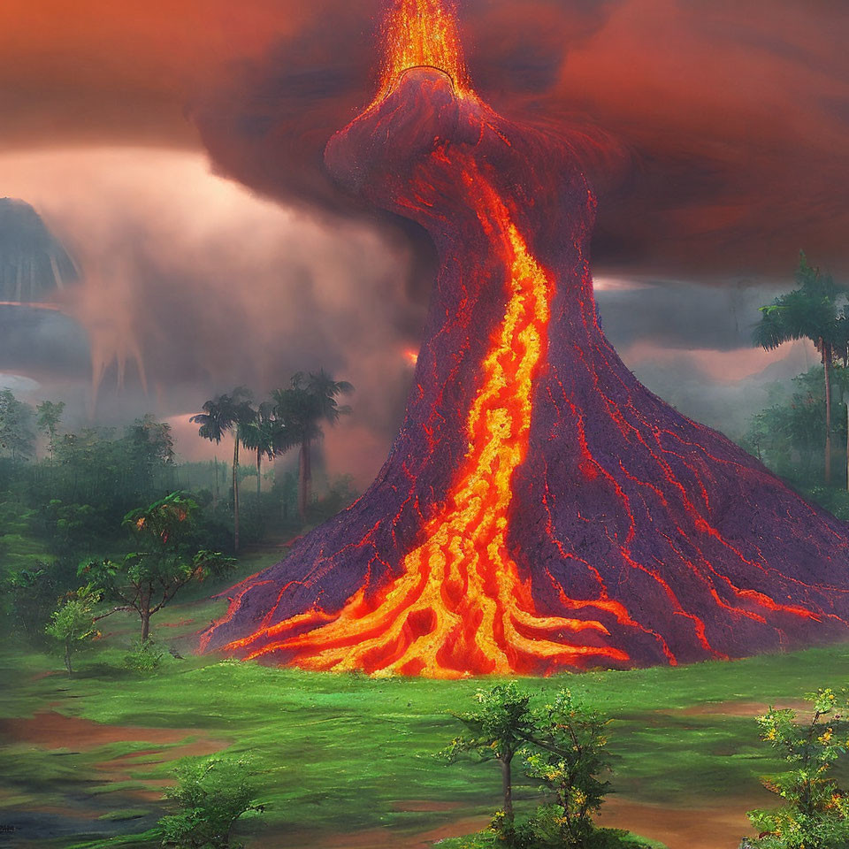 Volcanic eruption in lush jungle with lava flows and smoke