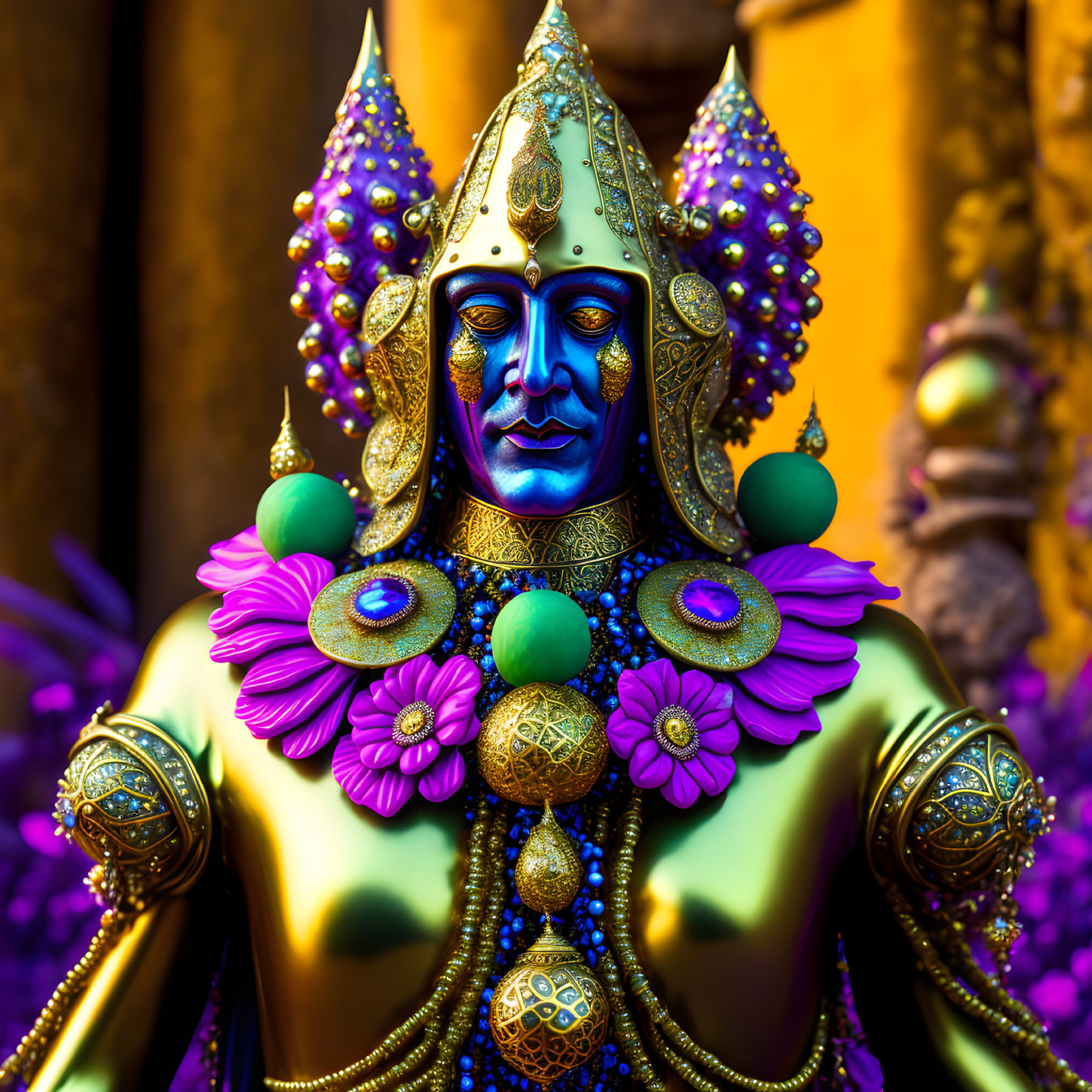 Intricate gold and gemstone details on vibrant statue with blue-faced figure
