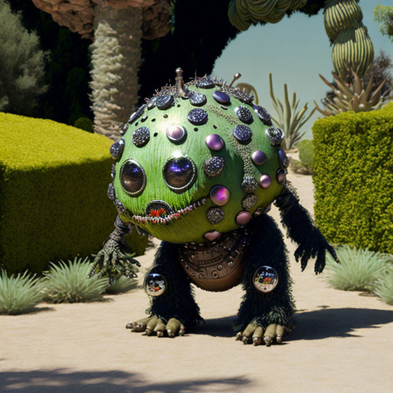 Round cactus creature with jewels and furry lower half in desert garden