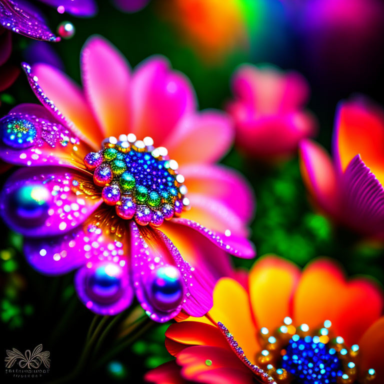 Colorful Dewy Flowers Under Psychedelic Lighting