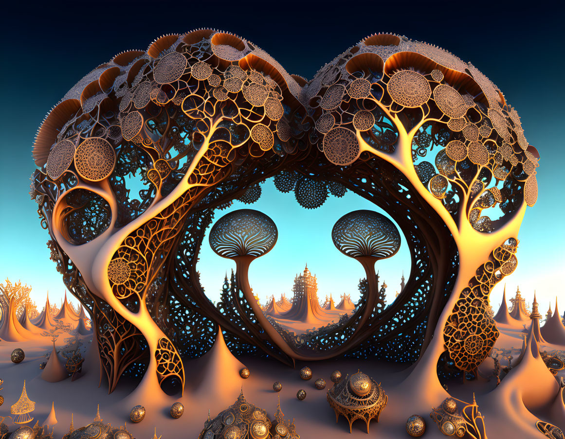 Fractal landscape with intricate tree-like arches under twilight sky