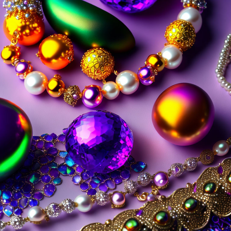 Vibrant gemstones, pearls, and gold jewelry on purple surface