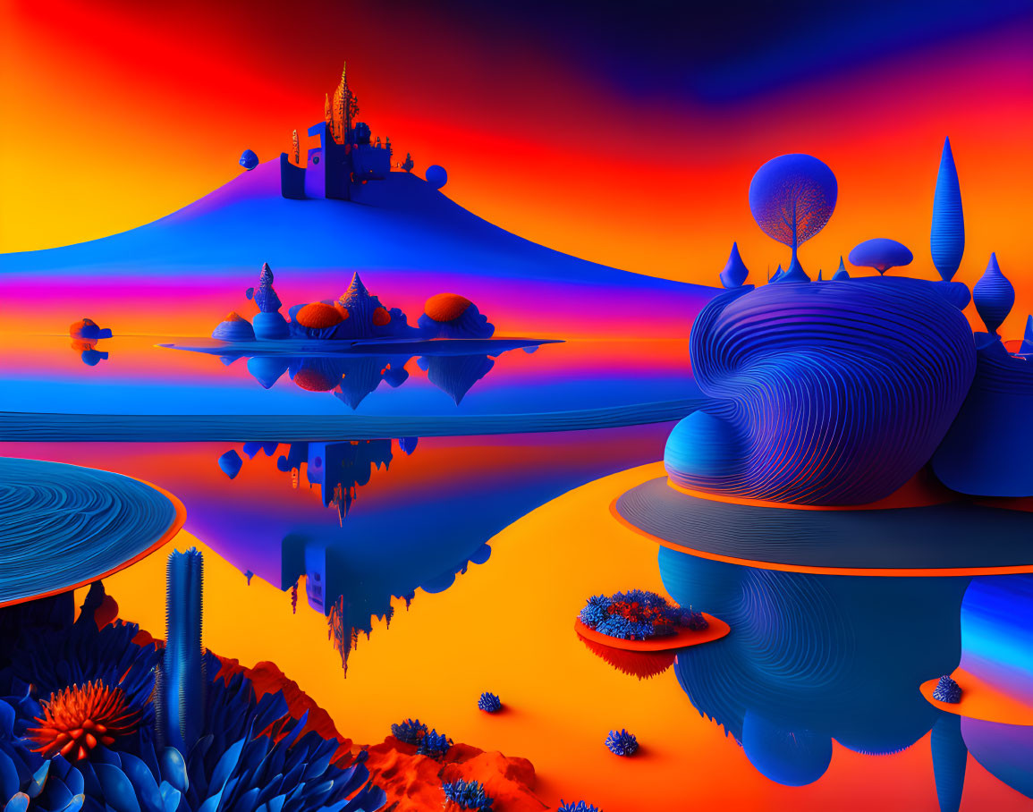 Surreal Landscape with Reflective Water and Castle atop Hill