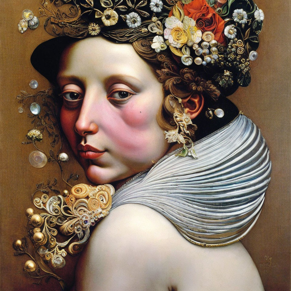 Detailed painting of woman with ornate floral headwear and pearls
