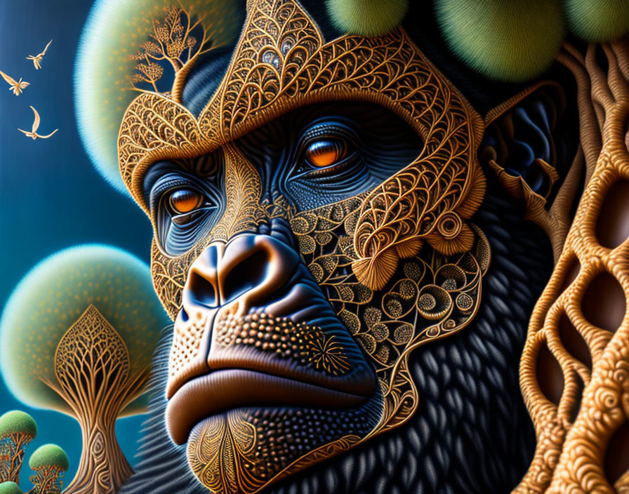 Detailed gorilla illustration with intricate face patterns and abstract nature backdrop.