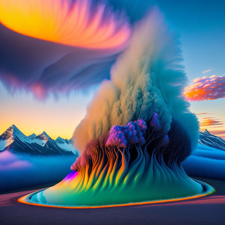 Surreal digital art: colorful eruption in snowy mountains
