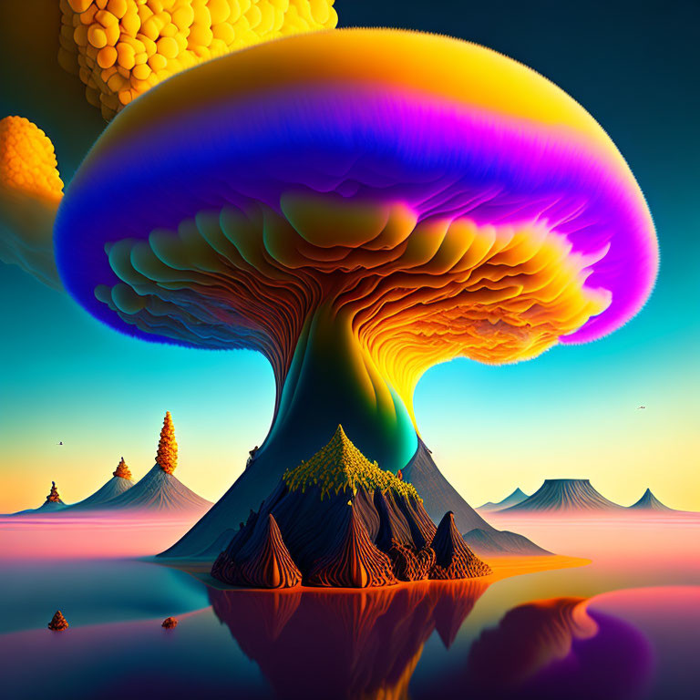 Colorful surreal landscape with giant mushroom tree and reflective water