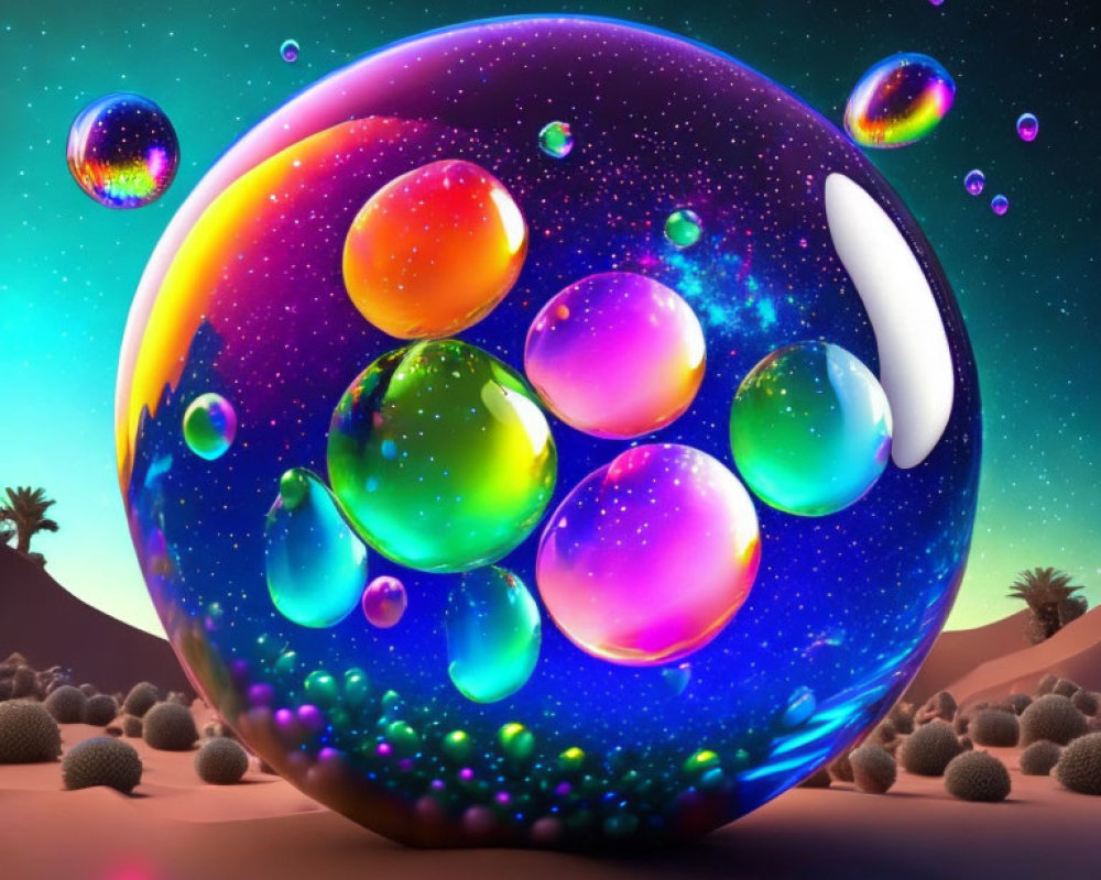 Colorful Galaxy Patterned Bubbles in Twilight Desert Landscape