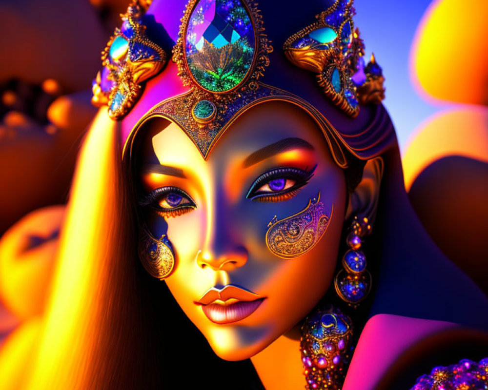 Portrait of Woman with Ornate Jewelry and Vibrant Makeup
