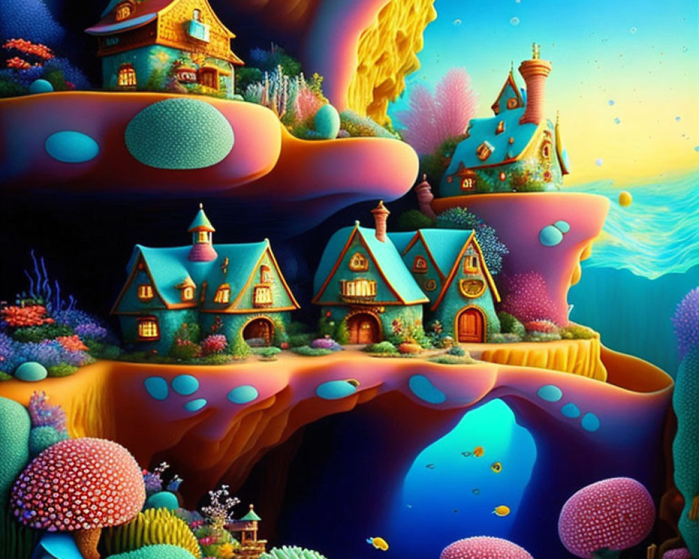 Colorful surreal landscape with floating islands and fish in the sky