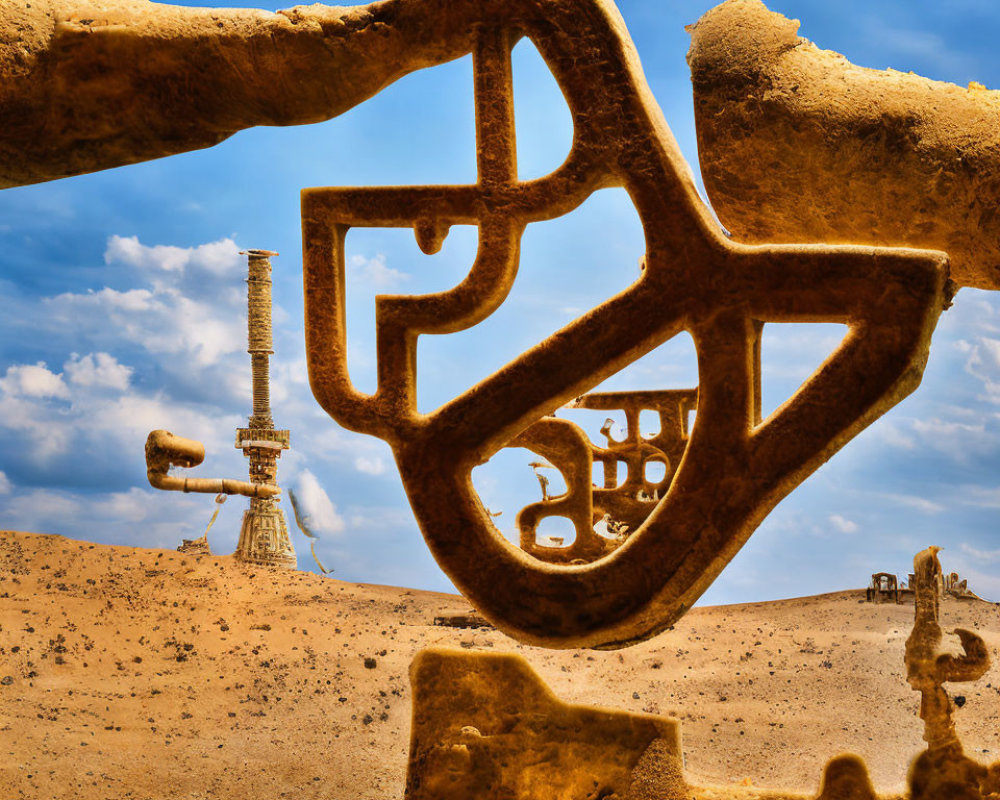 Intricate geometric metal sculpture frames desert scene with dilapidated tower