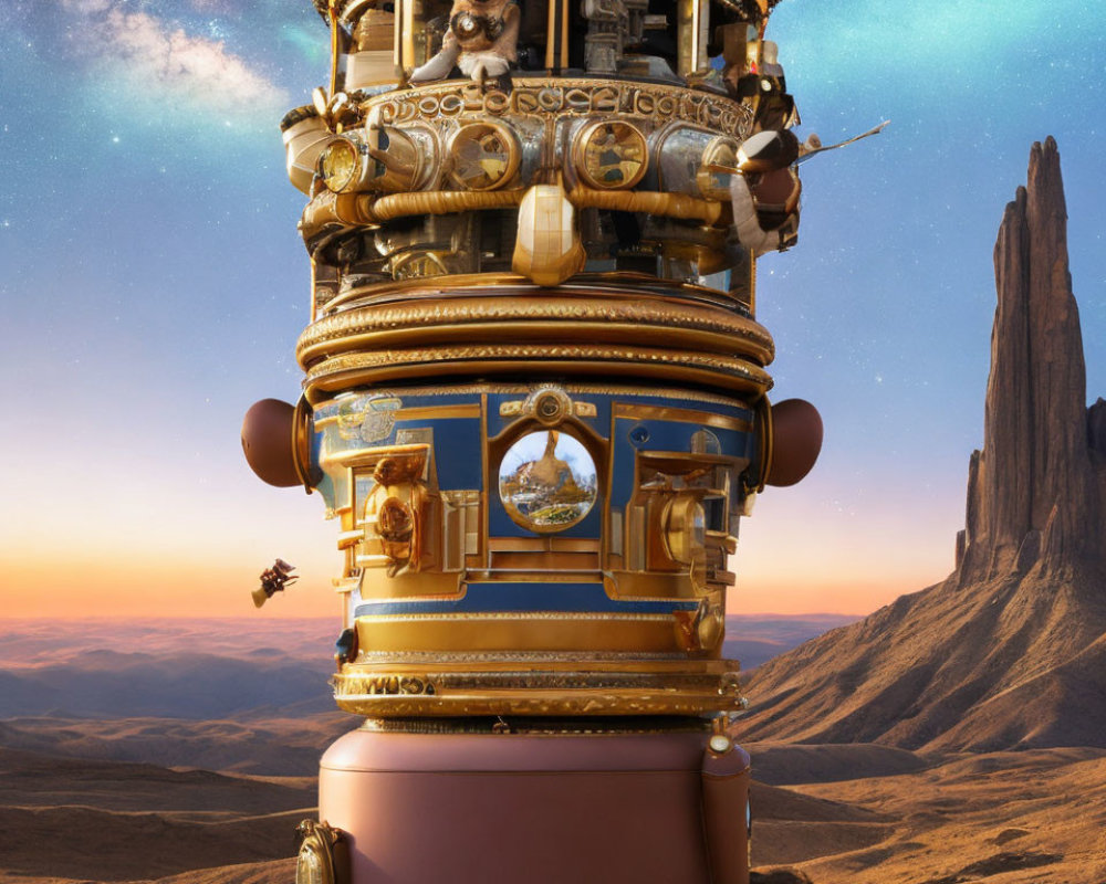 Intricate steampunk tower with golden details and a dog on balcony in desert sunset