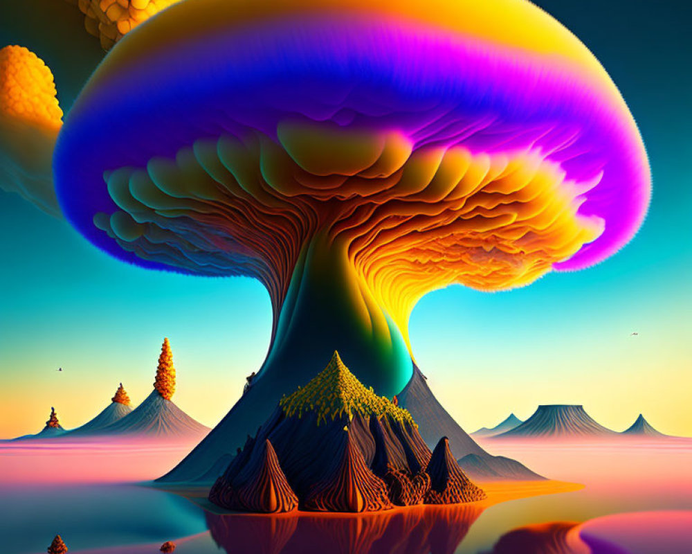 Colorful surreal landscape with giant mushroom tree and reflective water