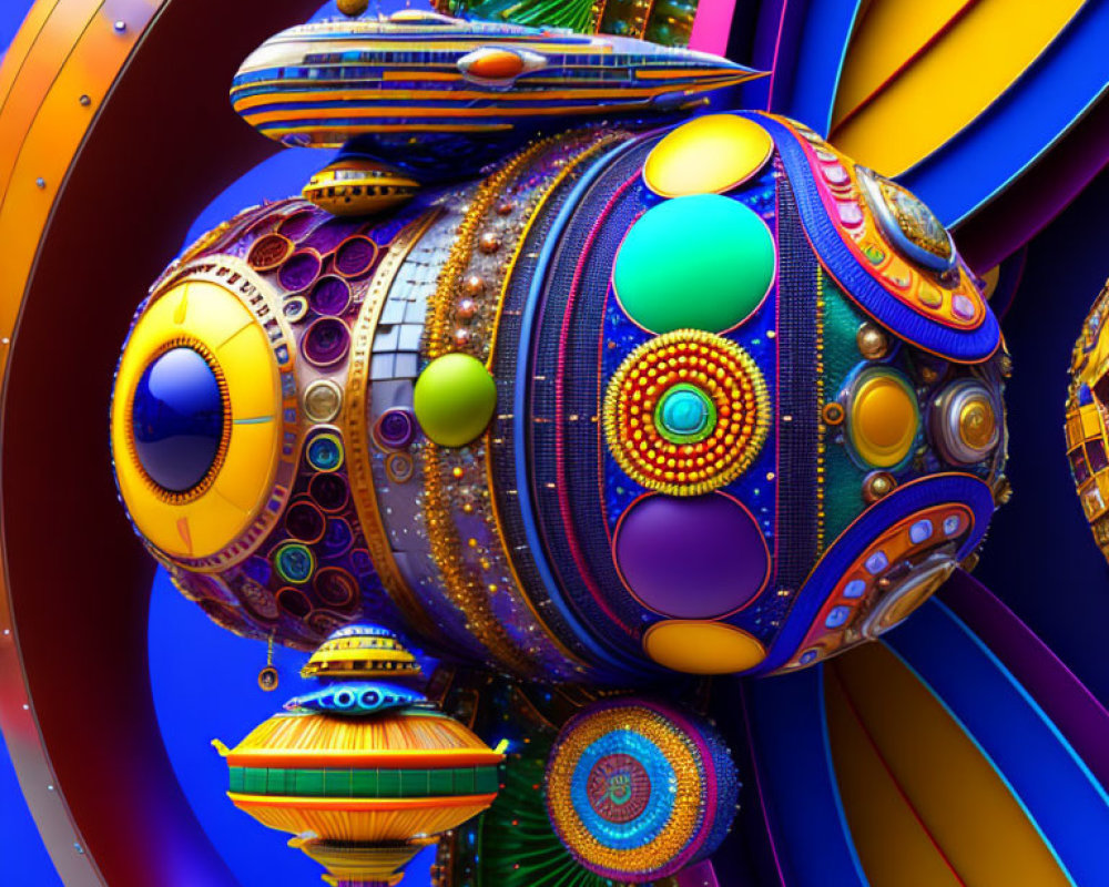 Colorful 3D illustration of a central spherical structure with intricate patterns and spiraling elements.