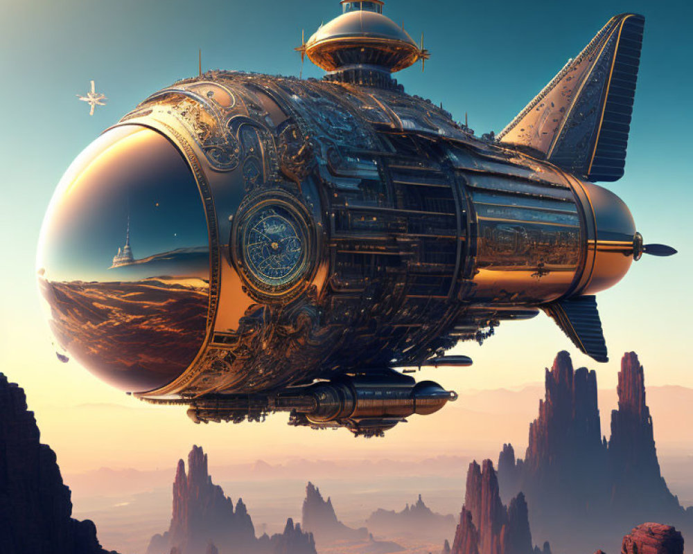 Intricate futuristic airship over rocky desert landscape