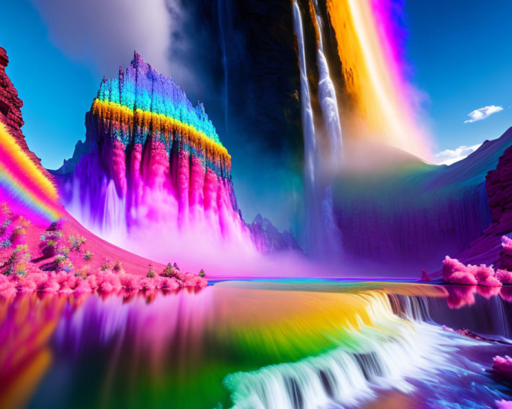 Colorful landscape with waterfall, rainbow, river, flora, and mystical fog