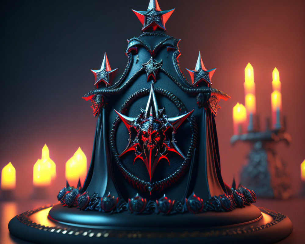 Gothic-style crown with red jewels and candles on dark background