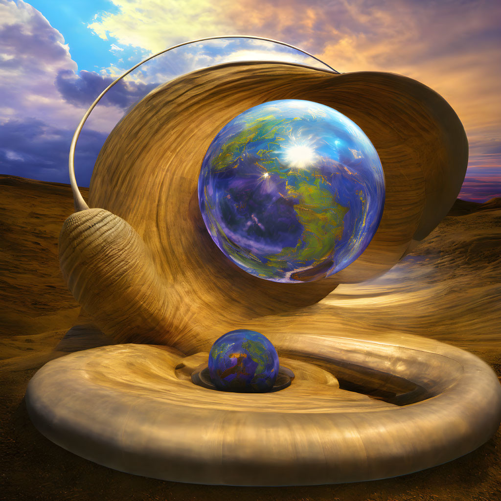 Surreal image: Earth marbles in wooden spirals under dramatic sky