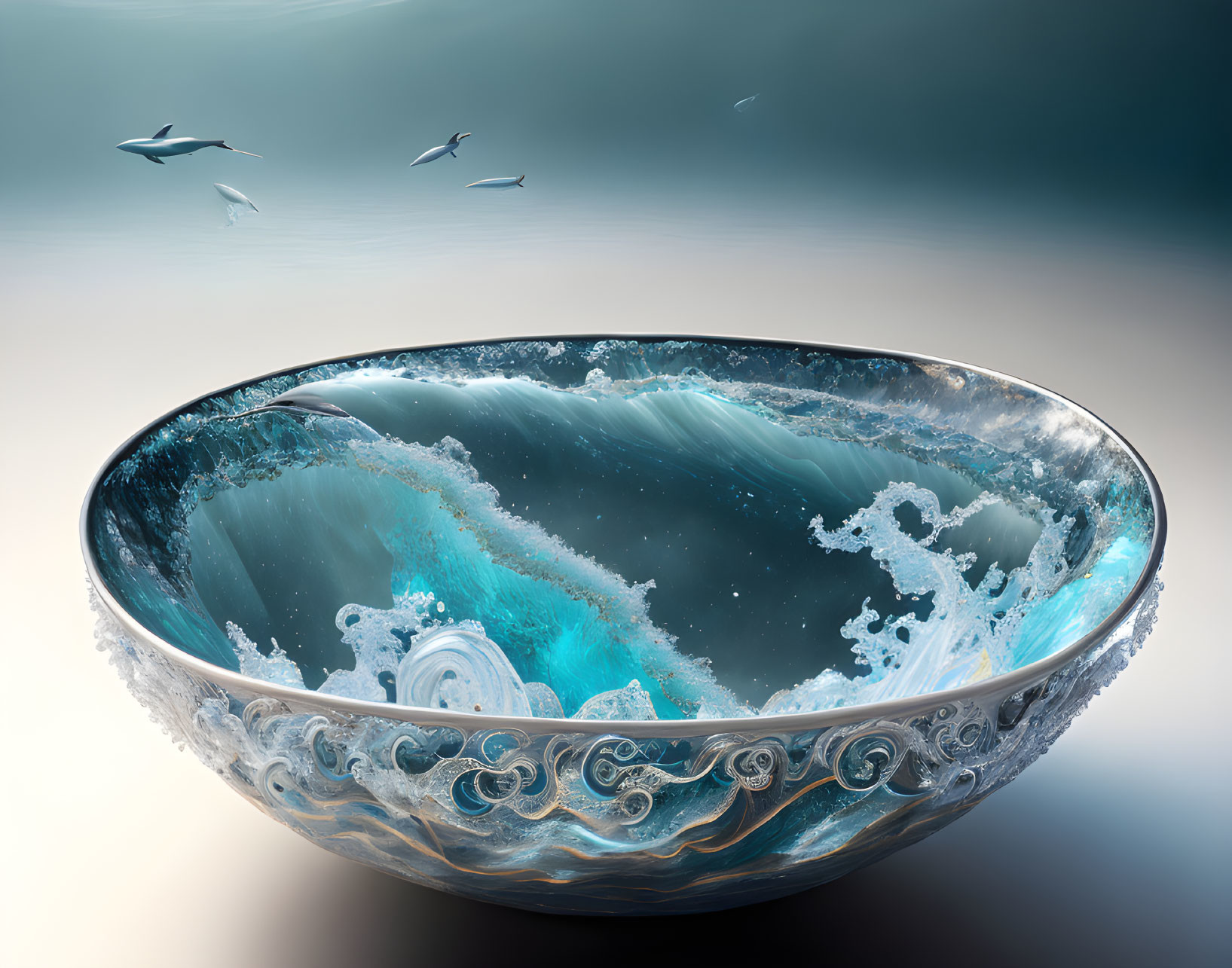 Surreal ocean scene in a bowl with crashing waves and flying birds