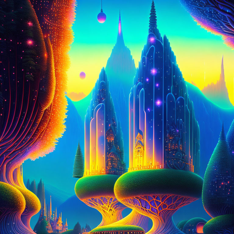 Colorful otherworldly landscape with magical trees and towering structures under twilight sky.