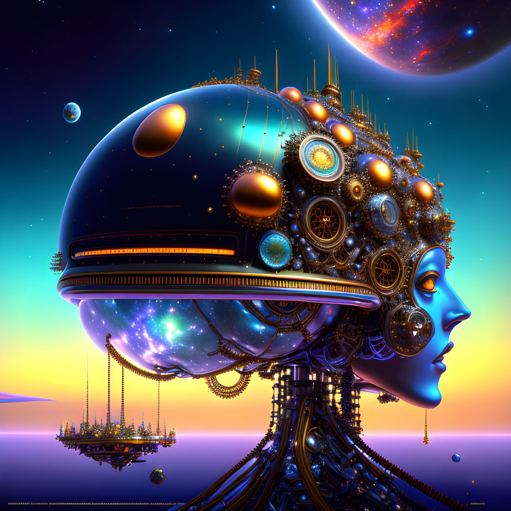 Female profile with cybernetic features in celestial landscape with gears.
