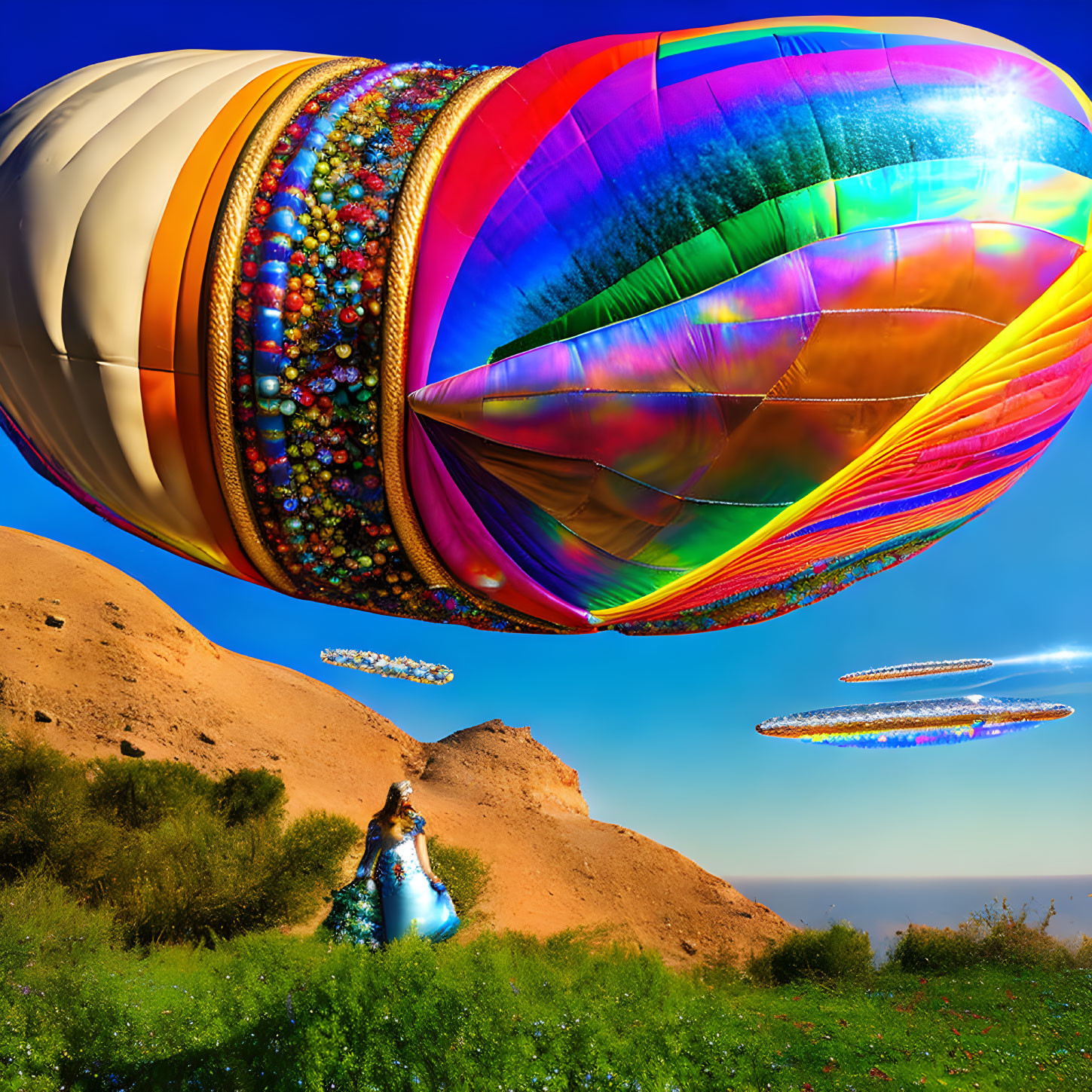 Vibrant surreal scene: person in peacock costume, oversized ornamented hot air balloons in clear