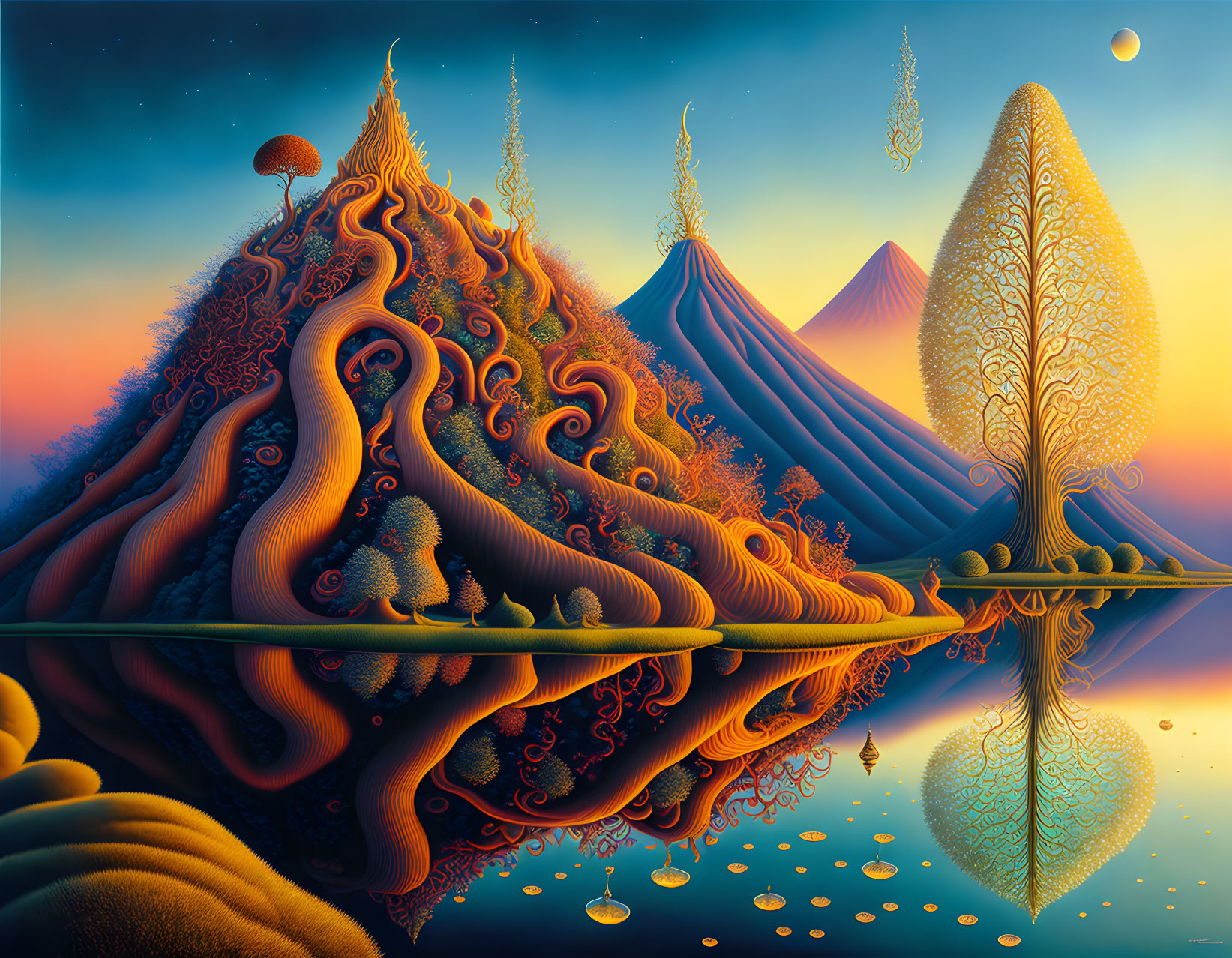 Vibrant surreal landscape with organic patterns, reflective water, and sunset sky