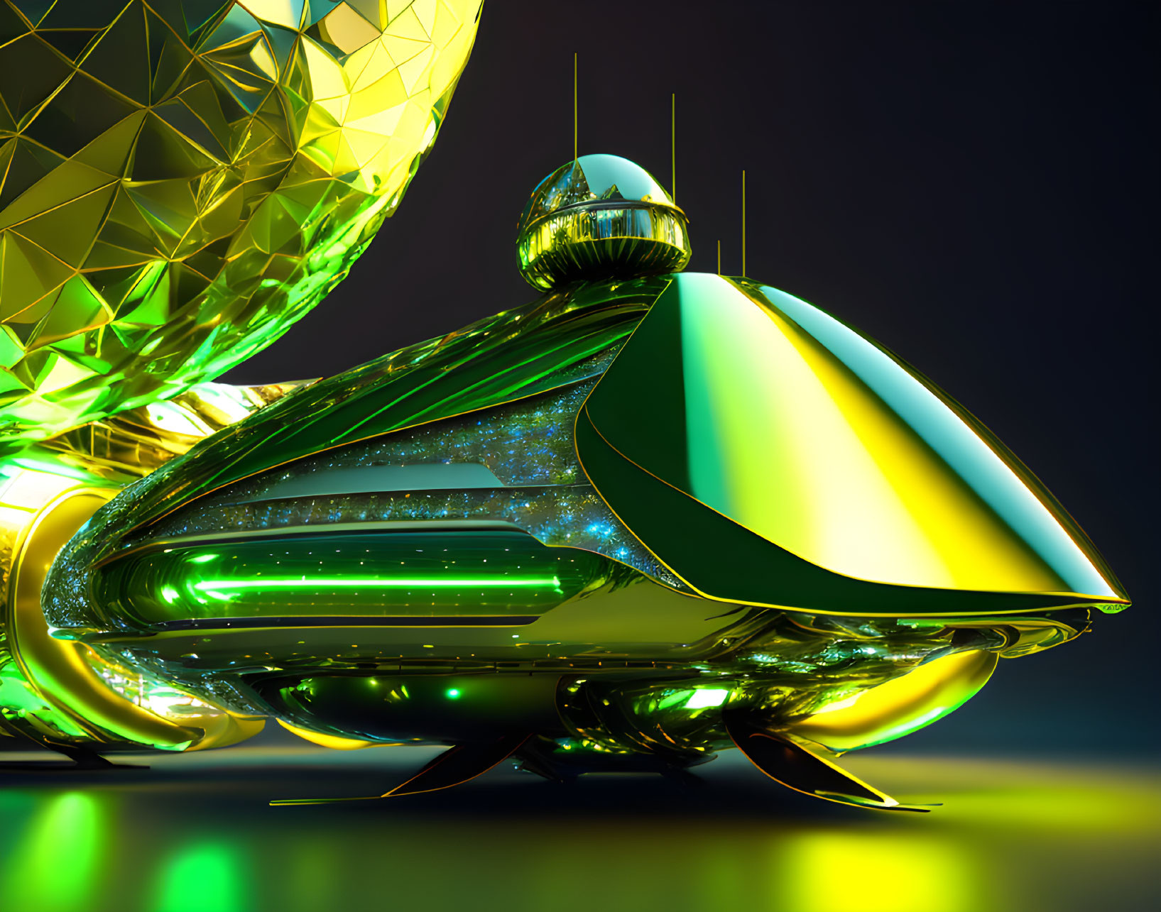 Futuristic shiny spaceship with green and yellow panels next to geometric structure
