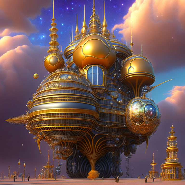 Fantastical Floating City with Golden Domes and Spires at Dusk