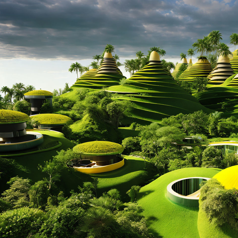 Futuristic eco-friendly buildings in lush green hills