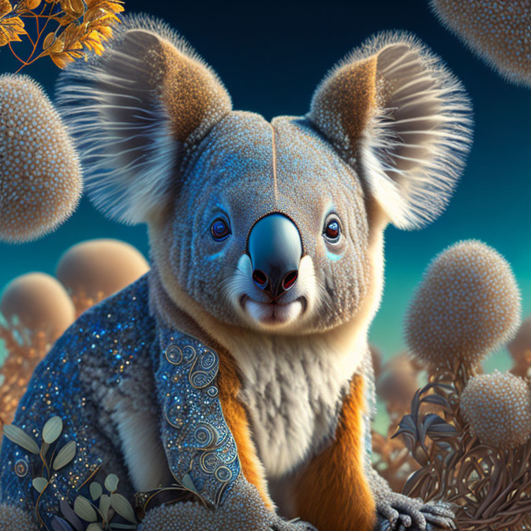 Detailed digital illustration of whimsical koala with expressive eyes and patterned coat