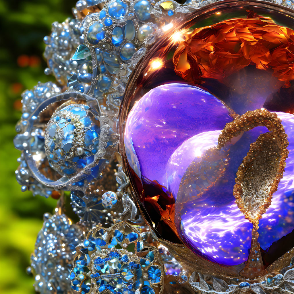Vibrant Blue and Purple 3D Fractal Design with Spherical and Floral Patterns
